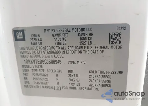 2012 GMC Acadia Denali из США, поврежденный, VIN 1GKKVTED5CJ306945